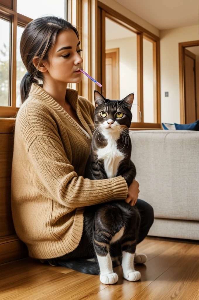 Cat sitting in a house sipping from a straw realistic