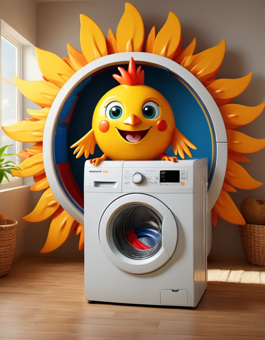 (design of character),Sun with enthusiasm and joy while standing in front of a washing machine, anthropomorphic sun, Mattresses are chickens, smiling, big shiny eyes, Fantastic,Eccentric,similar to a fairy tale, super detailing, pixel style, vibrant with colors, soft natural light, solid color backdrop, 5-octane rendering, a gorgeous, Ultra Wide Angle, 8k, high realism, 8k