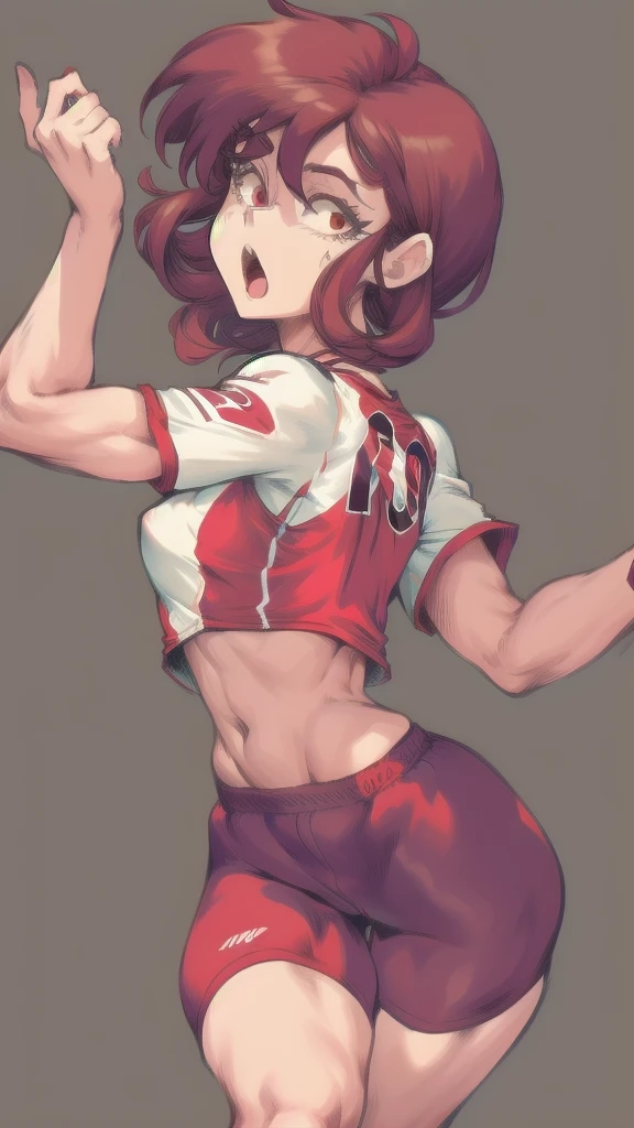 Full body image of Lynn Loud from The Loud House, full body in image, wearing her original outfit (red jersey, red shorts, red and white sneakers), short brown hair, female body, athletic and fit body, dynamic pose, detailed pose, simple background, expressive face showing determination, focus on face, line art, sketch
