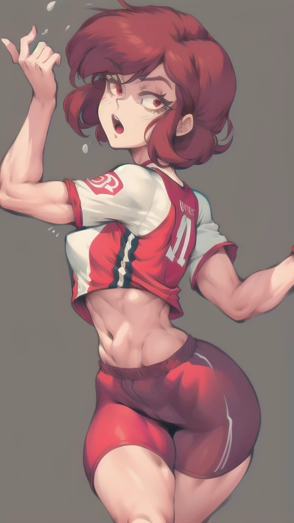 Full body image of Lynn Loud from The Loud House, full body in image, wearing her original outfit (red jersey, red shorts, red and white sneakers), short brown hair, female body, athletic and fit body, dynamic pose, detailed pose, simple background, expressive face showing determination, focus on face, line art, sketch