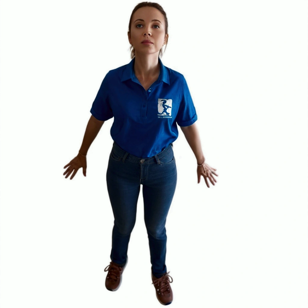 a beautiful woman with brown hair, blue shirt, bioomathematic writing on the shirt, jeans and with tennis shoes standing with her hands outstretched, sarcastic full body pose, frontal pose, full body photography, full body photography, full body photo, full body action pose, full body model, non posing, full body female, centered full body shot, full body dynamic pose, full body profile camera shot, pose, in pixer style