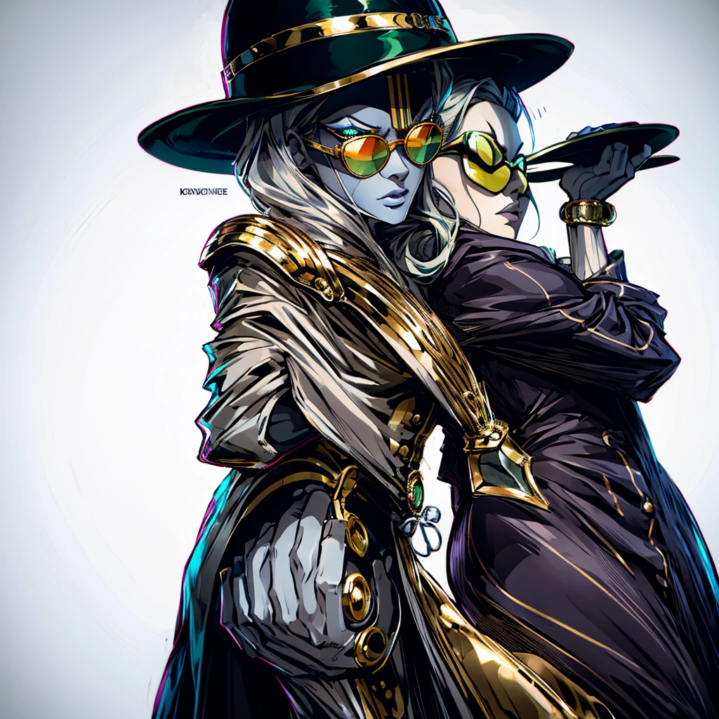 Create a woman. She wears a pinstripe suit, a dark green overcoat, and a dress hat. Wear sunglasses and has metallic gray skin . Behind her is a completely white background 