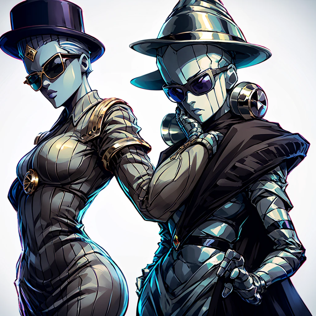 Create a woman. She wears a pinstripe suit, a dark green overcoat, and a dress hat. Wear sunglasses and has metallic gray skin . Behind her is a completely white background 