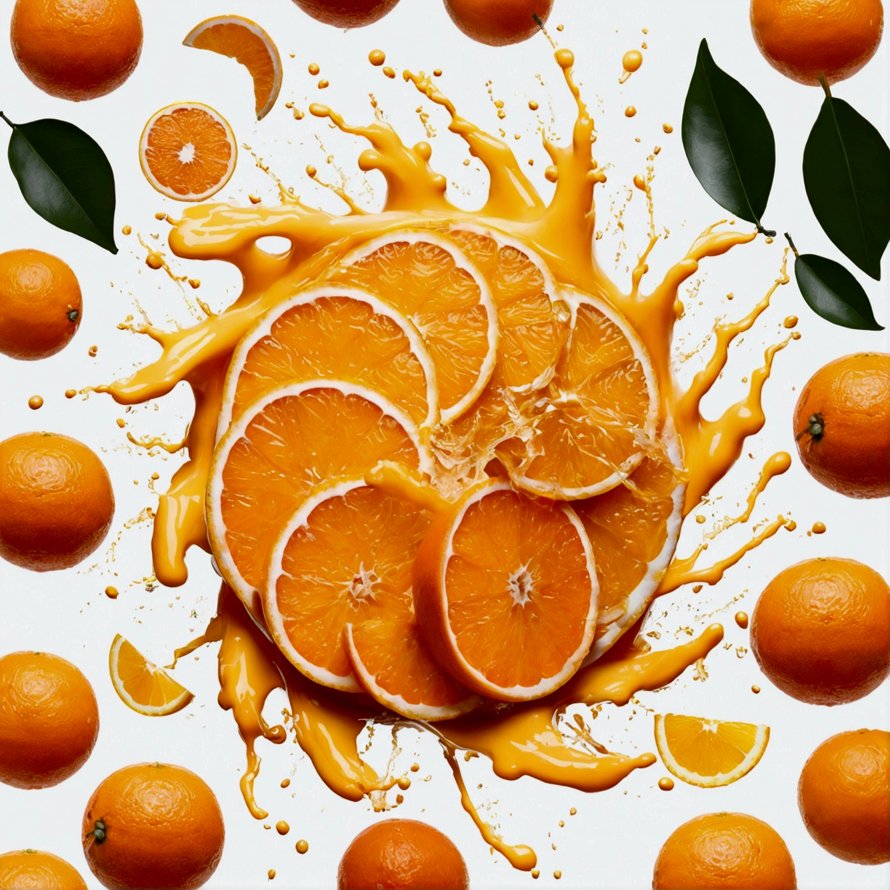 A storm of orange juice explodes, swirls around, surrounded by oranges, orange leaves, everything in the middle of the frame, unbroken, white background.