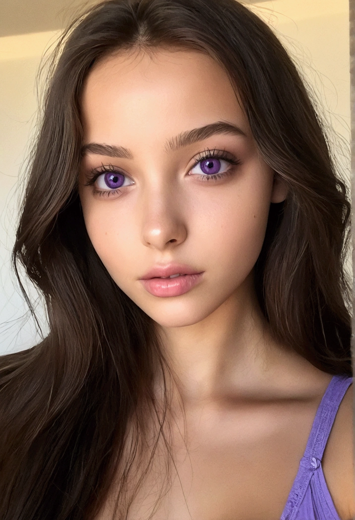 Femme arafed avec une tenue de jeunes femmes, fille sexy aux yeux bruns, portrait sophie mudd, cheveux bruns et grands yeux, selfie d&#39;une jeune femme, Yeux de chambre, violette myers, sans maquillage,