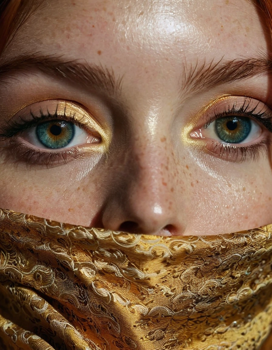 Extreme close-up portrait, piercing blue-green eyes, freckled skin, face partially obscured by ornate golden fabric, raw emotion, hyper-realistic detail, 8K resolution, dramatic lighting, intense gaze, rich warm tones, textured cloth with intricate patterns, visible skin pores and eyelashes, soft shadow play, cinematic composition, shallow depth of field, golden hour warmth, fine art photography style, visible fabric weave and threads, subtle reflection in eyes, auburn hair peeking through, moody atmosphere, high contrast, professional studio lighting, sharp focus on eyes