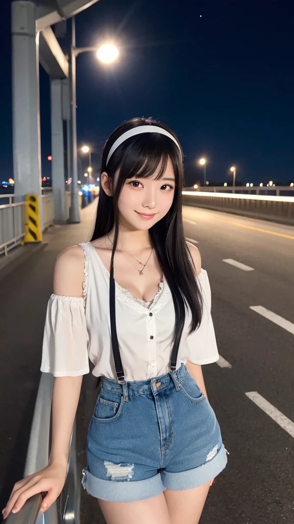 Japanese, high school girl, pure, idol, smile, young face, long straight black hair, white hairband, short-sleeved white blouse with shoulder straps, necklace, cleavage, blue denim shorts, black stockings, blue shoes, standing on an overpass, background of the Bay Bridge, seaside park, street lights, full moon night, starry night, nostalgic scenery, gravure photo shoot, resort island 
