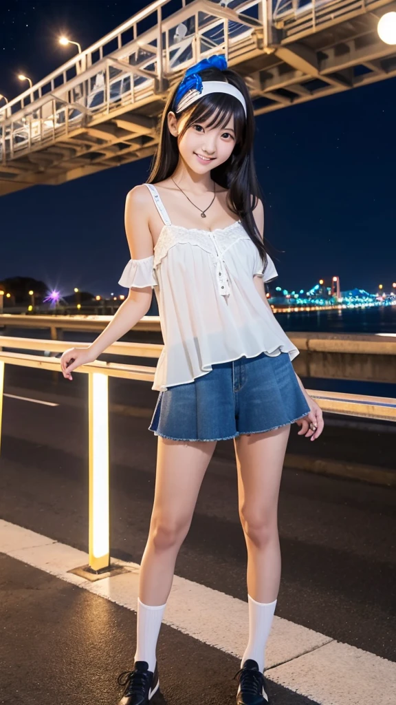 (highest quality,masterpiece:1.3,Ultra-high resolution),(Very detailed,8k),(Realistic:1.4,RAW shooting)。Above-the-knee screen、Blurred Background、Looking at the audience、A shy smile、young woman、Twin tails。Camisole and shorts。City of night。Night view。