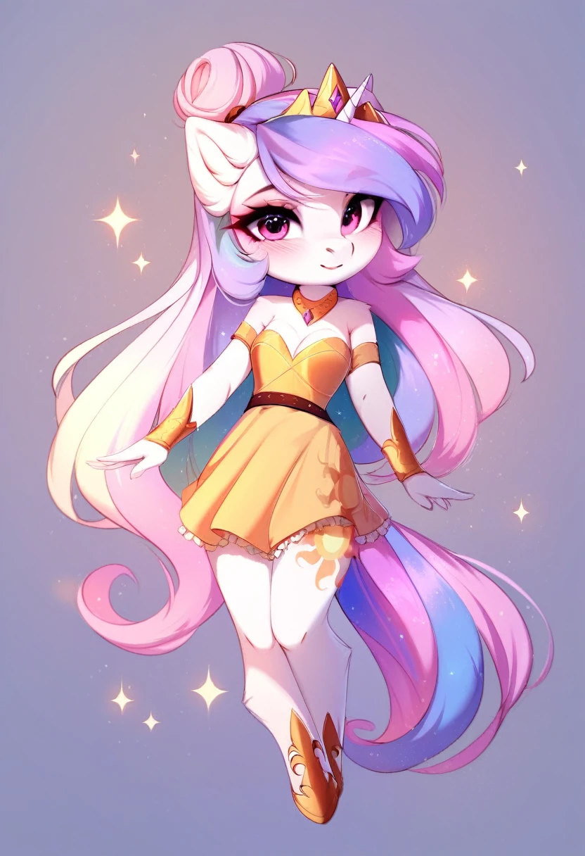 check_9, check_8_up, check_7_up, source_fluffy, rating_safe, from Magnaluna, Celestia poses seductively in a white bedroom, hair bun with bangs, pink eyes, white body, anthro, blushing, wearing white and gold tight skirt, full body