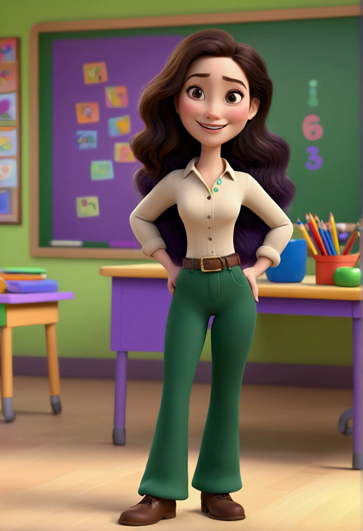 3D pixar style cartel. 36 year old woman, with white skin, with a plump build, long smooth black fur, Brown eyes, beige long sleeve shirt, dark green long pants , the woman is a teacher who is happy, standing in a green and purple classroom, there are 3 violets