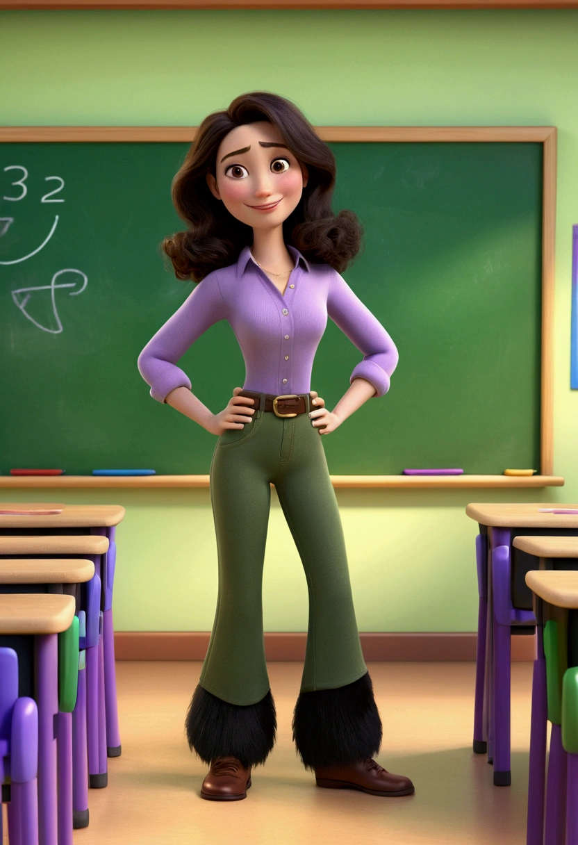 3D pixar style cartel. 36 year old woman, with white skin, with a plump build, long smooth black fur, Brown eyes, beige long sleeve shirt, dark green long pants , the woman is a teacher who is happy, standing in a green and purple classroom, there are 3 violets