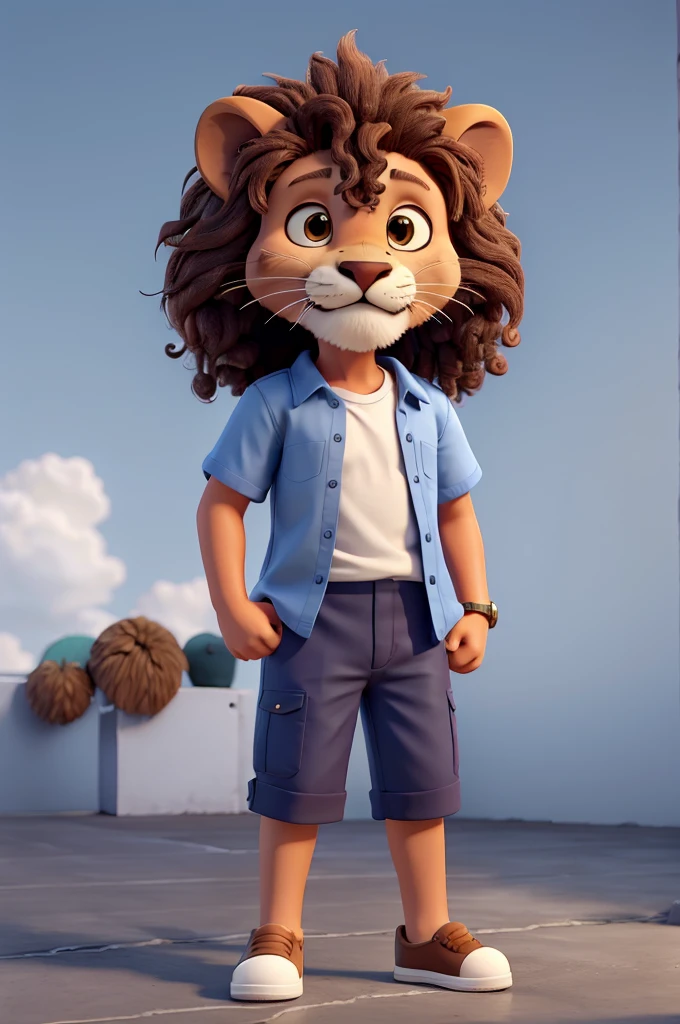 Happy lion standing in plain navy blue shirt and white shorts
