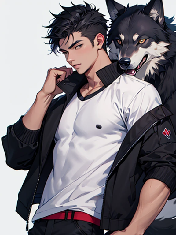 A black-haired male wolf-eared boy wearing a white t-shirt and a black jacket and pants