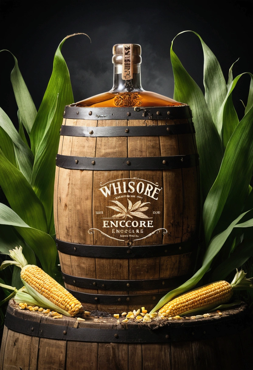 Design a logo for the Whiskey Encore brand. Including a leaking whisky barrel. Add corn plants as background.