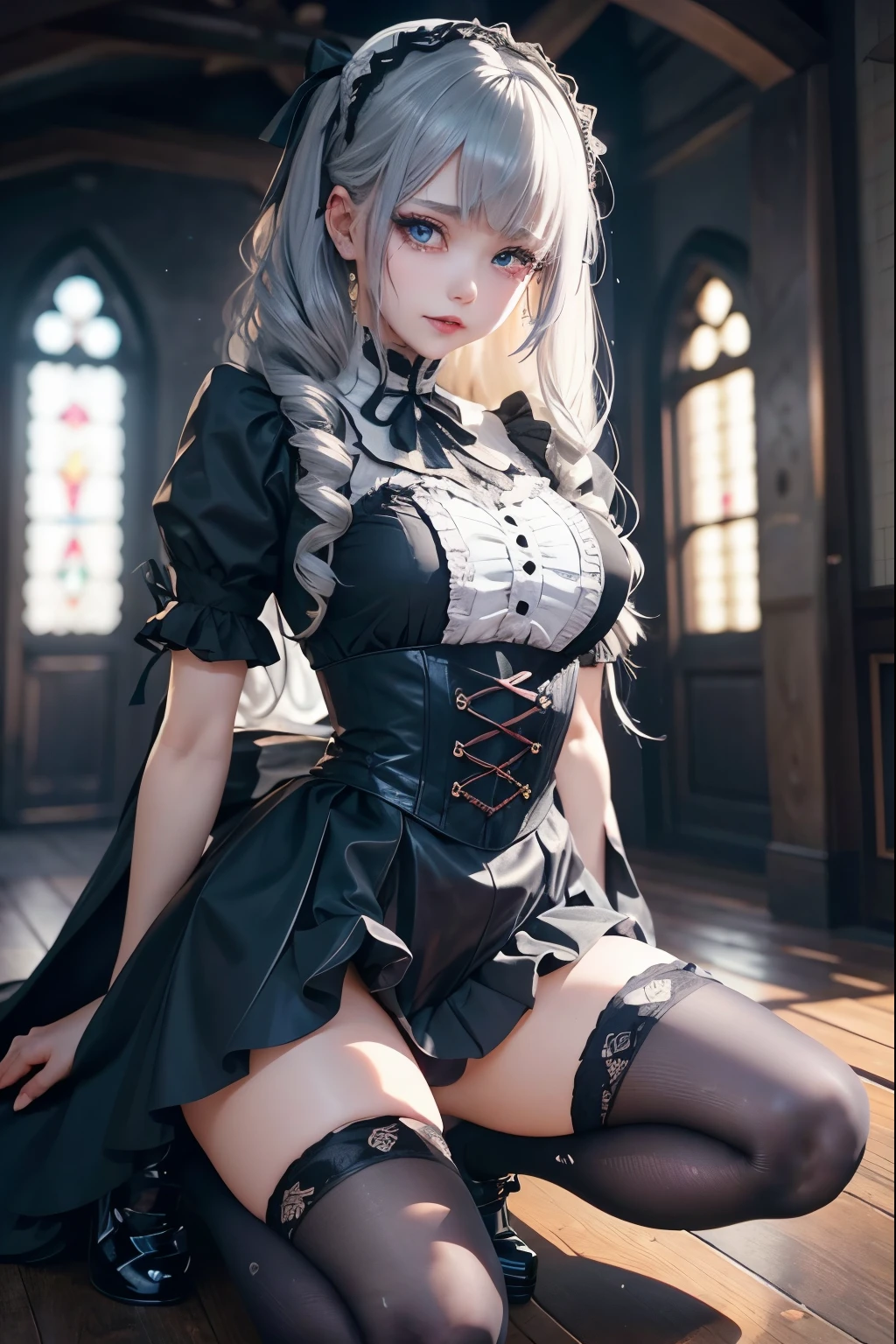 8K,Masterpiece,One woman,A shy smile,30 years old,blue eyes,White Hair,Short Bob Hair,(Gothic ta),Dutch beauty,Ella Freya(Ella Freya),(White panties),Black lace,mini skirt,skirt lift,2b, short hair, dress, Slender figure, Cleavage, Small breasts, Gray Hair,Cat ear