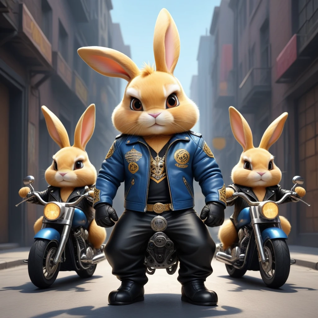 cartoon of (a tough rebel black golden bunny dressed as a gang of golden bikers, blue leather jacket, Mohican:2.5), looking ahead at viewer, Symmetrical, chromatic fantasy, highy detailed, 8k, digitalpainting, oil painting, illustration, conceptual artwork, sharp focus, volumetric lighting, epic composition, CG Society, golden art station