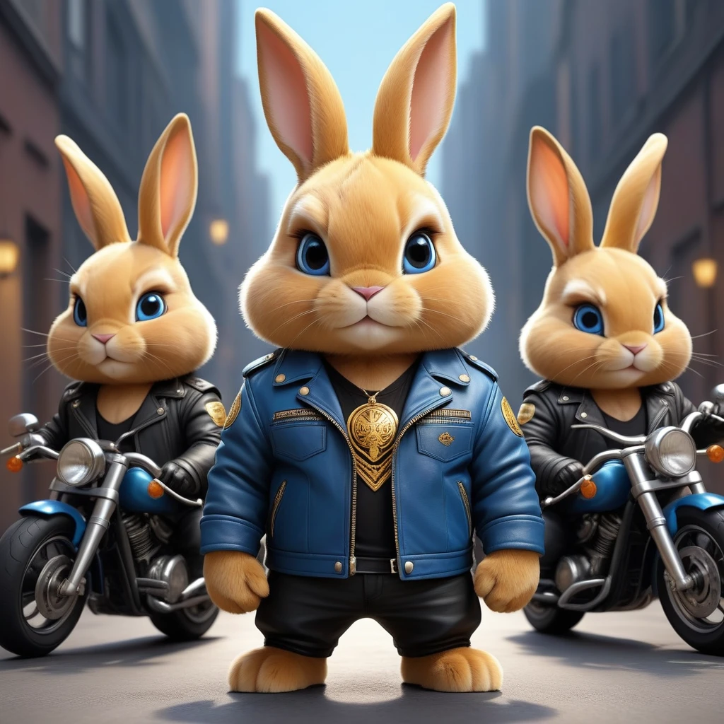 cartoon of (a tough rebel black golden bunny dressed as a gang of golden bikers, blue leather jacket, Mohican:2.5), looking ahead at viewer, Symmetrical, chromatic fantasy, highy detailed, 8k, digitalpainting, oil painting, illustration, conceptual artwork, sharp focus, volumetric lighting, epic composition, CG Society, golden art station