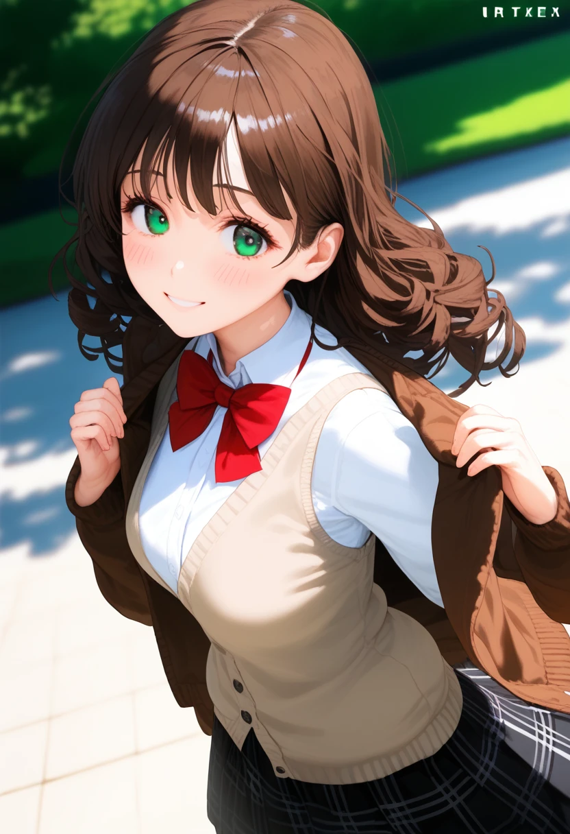 score_9, score_8_up, score_7_up, ((masterpiece, best quality, highres, UHD, perfect pixel, depth of field, 4k, RTX, HDR))), 1girl, single, solo, beautiful anime girl, beautiful artstyle, anime character, ((long hair, bangs, brown hair, curly hair:0.8)), ((green eyes:1.4, rounded eyes, beautiful eyelashes, realistic eyes)), ((detailed face, blushing:1.2)), ((smooth texture:0.75, realistic texture:0.65, photorealistic:1.1, anime CG style)), medium breasts, dynamic angle, perfect body, ((portrait, pov)), ((red bowtie, , black jacket, open jacket, brown cardigan, white shirt, black skirt, plaid skirt)), smile, amusement park