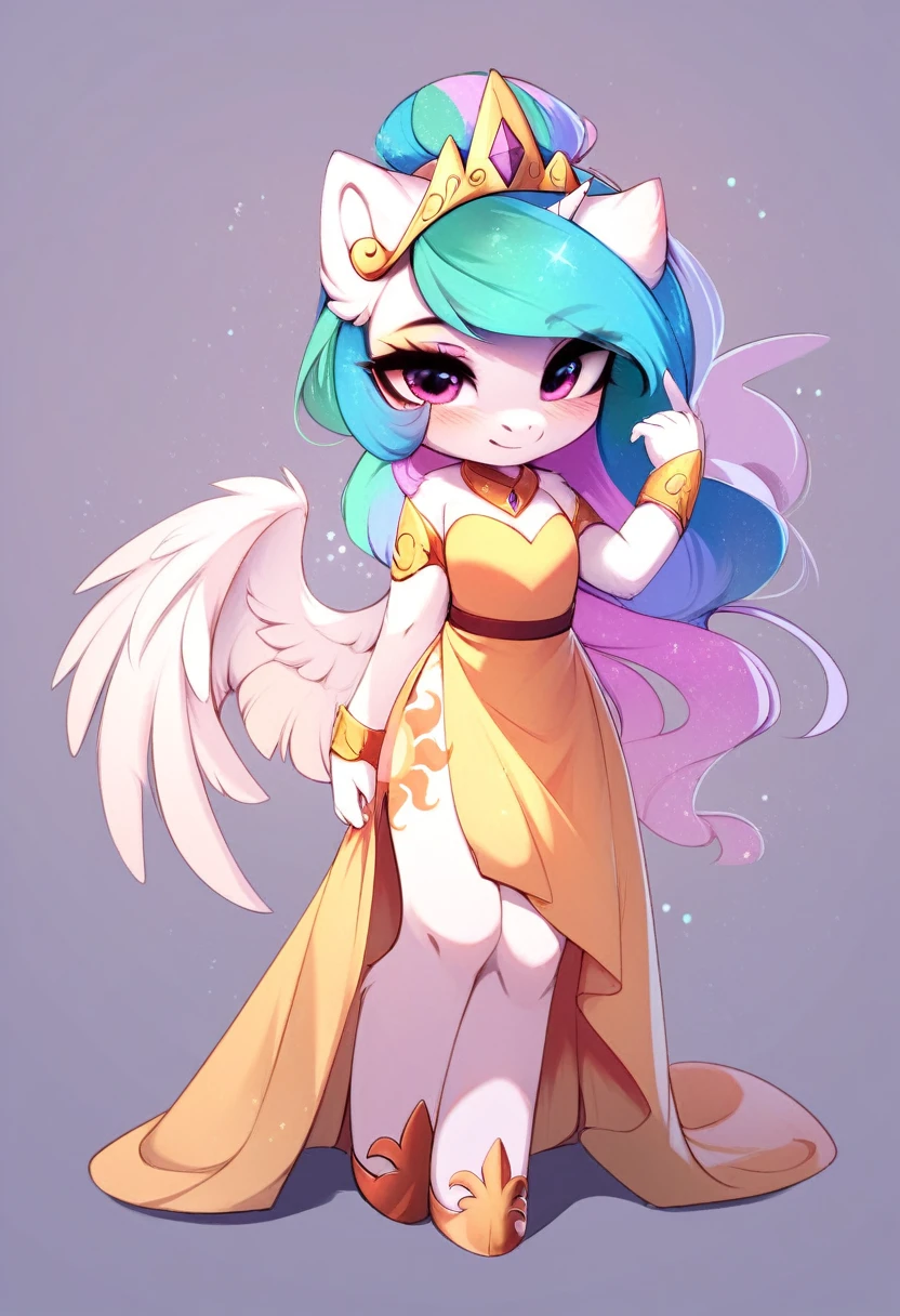 check_9, check_8_up, check_7_up, source_fluffy, rating_safe, from Magnaluna, Celestia poses seductively in a white bedroom, hair bun with bangs, pink eyes, white body, anthro, blushing, wearing white and gold tight skirt, full body