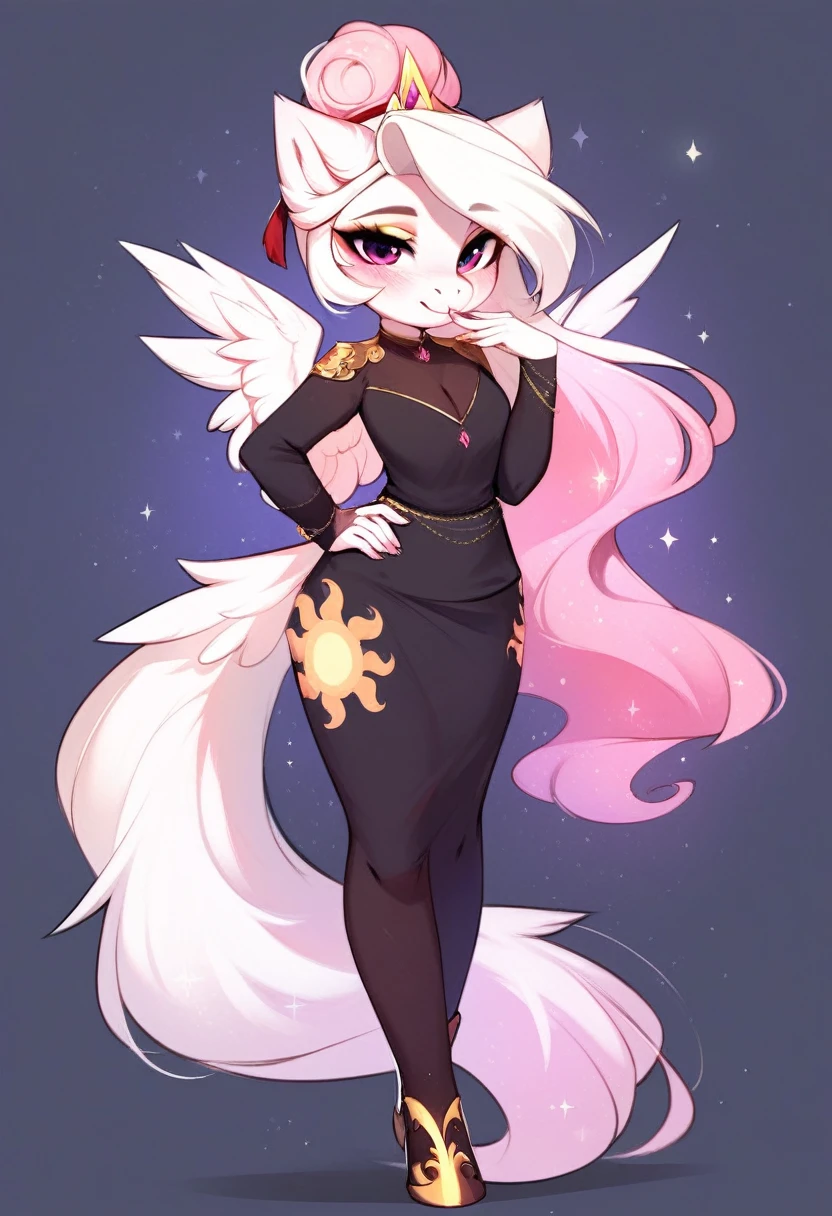 check_9, check_8_up, check_7_up, source_fluffy, rating_safe, from Magnaluna, Celestia poses seductively in a white bedroom, hair bun with bangs, pink eyes, white body, anthro, blushing, wearing white and gold tight skirt, full body