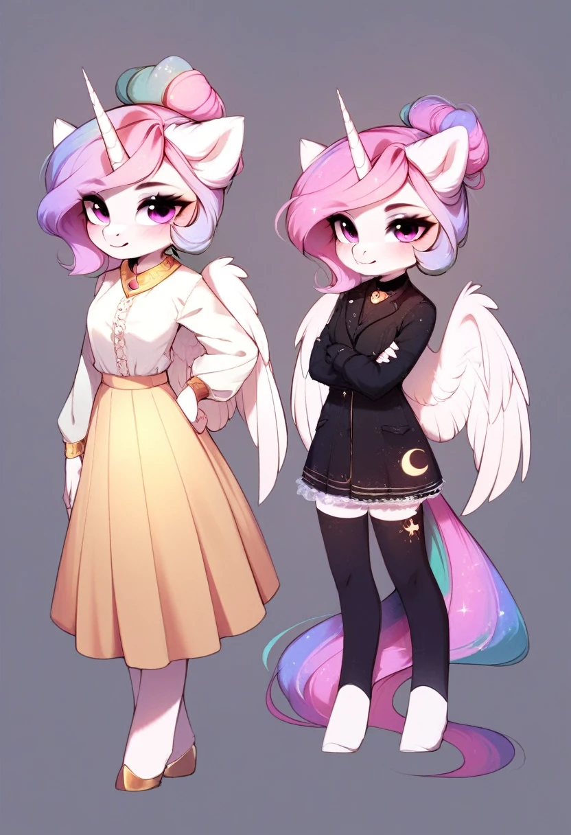 check_9, check_8_up, check_7_up, source_fluffy, rating_safe, from Magnaluna, Celestia poses seductively in a white bedroom, hair bun with bangs, pink eyes, white body, anthro, blushing, wearing white and gold tight skirt, full body