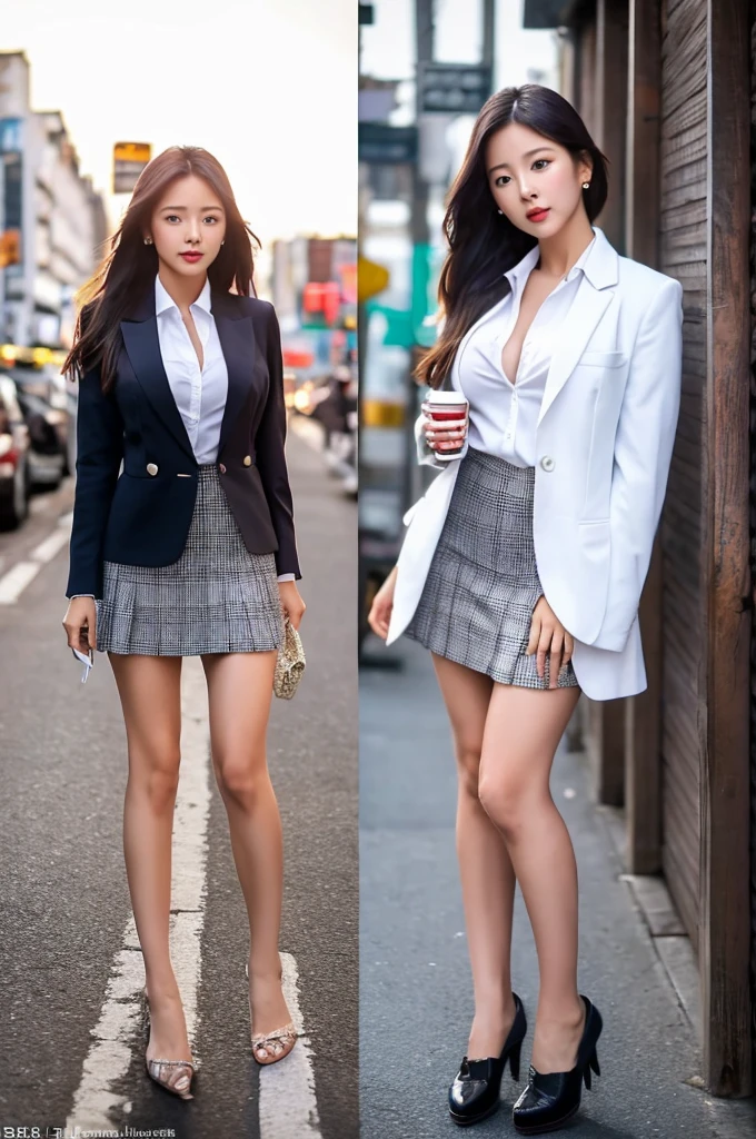 a 16 year old girl, she is the most beautiful actress in the world, the perfect body proportions of this girl, the blazer is appropriately buttoned up on the formal shirt above the short skirt that's hardly covering the panties between her bare legs, indirect bulge of her clothed large breasts, it's only one description of one body, it from right above her head to right below her shins are within the space, the front of her body, looking forward to viewer, she is standing, at the city street, nsfw, best quality, highly detailed, masterpiece, ultra high res, photo realistic, 8k, RAW photo