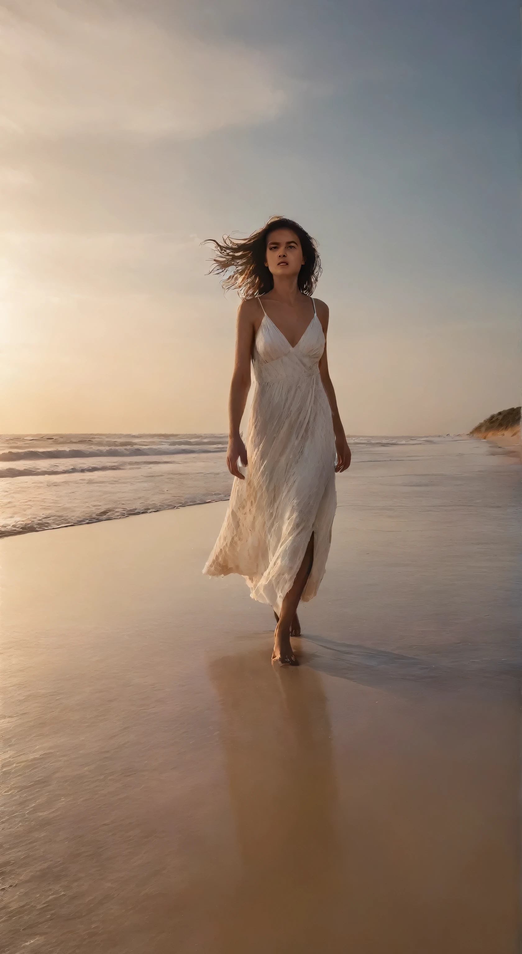 araffe woman walking on the beach at sunset with her hair blowing in the wind, wearing a white flowing dress, wearing a flowing dress, flowing gown, flowing dress, skinny girl in white boho dress, flowing white dress, wearing a flowing sundress, flowing shimmering fabrics, long white dress, bottom angle, on the beach at sunset