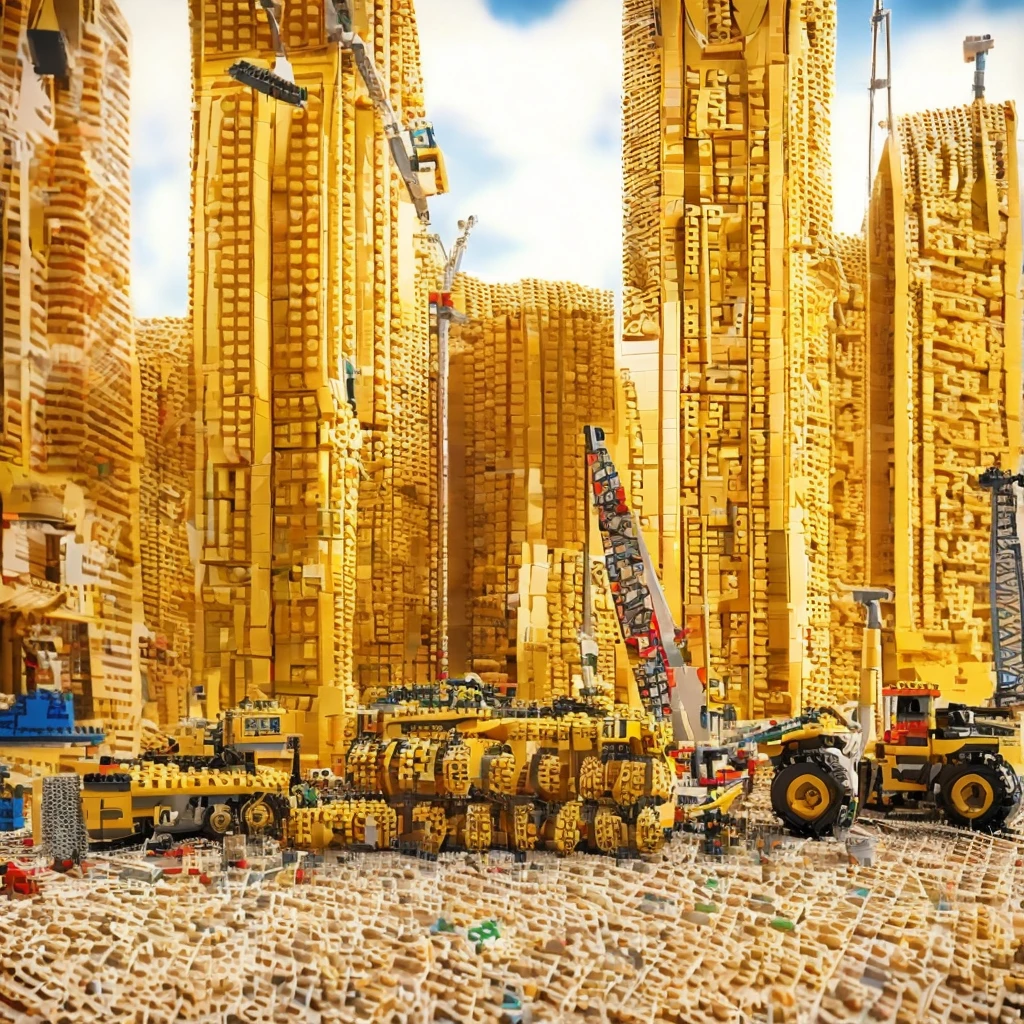 LEGO, peças de LEGO, LEGO contruções, there are many construction equipment that are on the grass, construction, construction yard, construction site, groundbreaking, Realistic Scene, 2 0 2 2 photo, robot in construction, photo rendering, um hyperrealisti, publicity photo, transportation design rendering, Digital rendering, muita construction, big tubes, hyperrealisti, hyperrealisti, highly photographic rendering