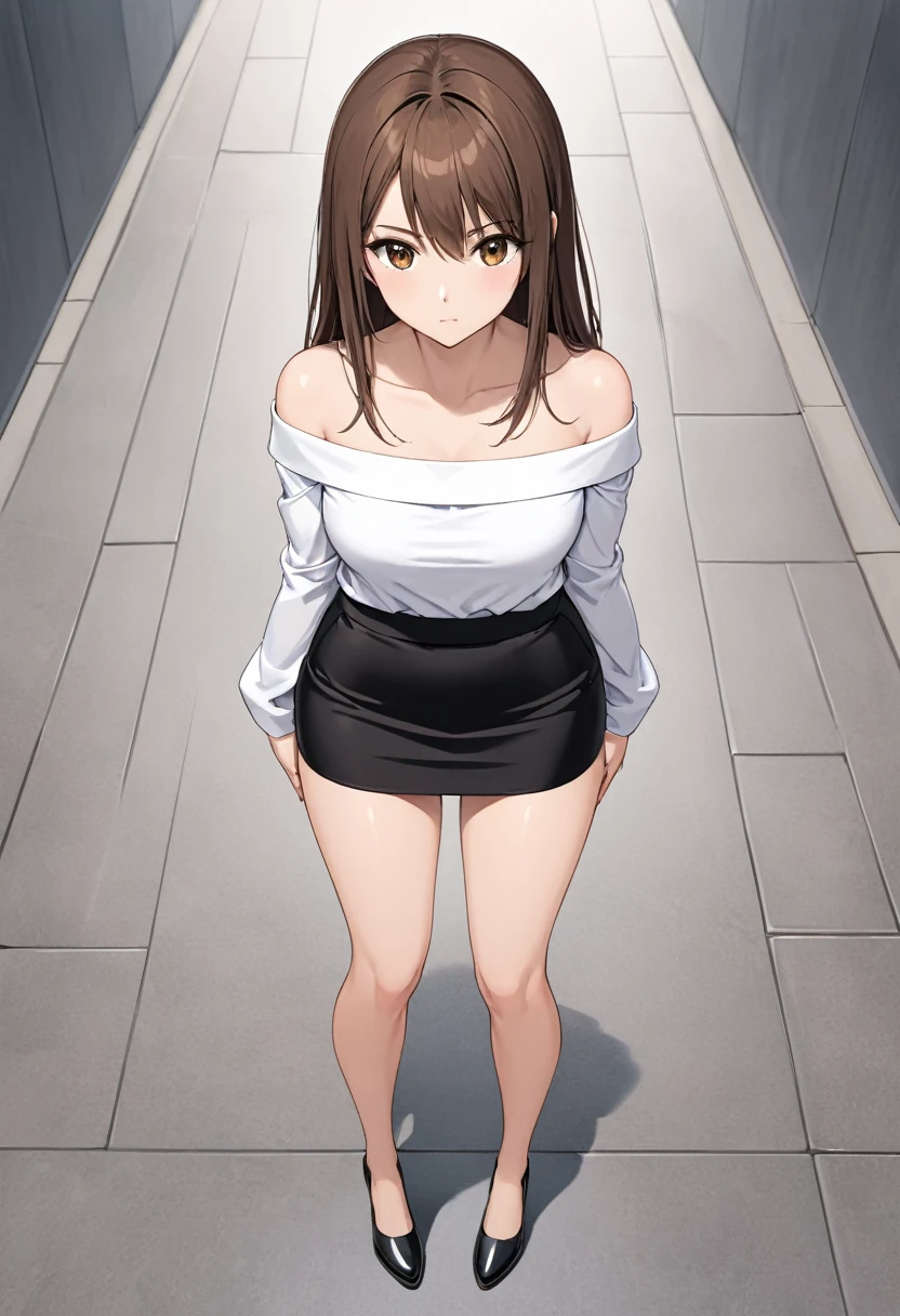 1 girl, alone, futaba river, masterpiece, best quality, realistic, (facing viewer: 1.2), front, point of view (from below), exterior, city, street, standing, detailed background, heavy breathing, nose blushing, (cheerful: 1.1), long hair, brown hair, brown eyes, glasses, sexy body, huge breasts, medium waist, wide hips, medium thighs, round butt, (beige ribbed sweater:1.4), bare shoulders, back naked, brown shoes, perfect anatomy, perfect hands