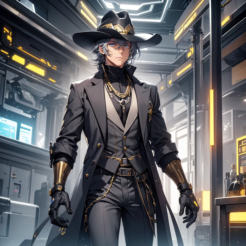 make a futuristic male character who has a cowboy hat, mechanical right arm, gold eyes, must be in a futuristic canary, and dark gray hair. he must be strong and have an overcoat