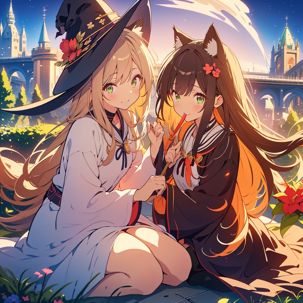 kawaii, anime, Cute, hyper quality, highly detailed, 8k, Front facing, Clarity, brown long hair, green eyes, smile, whole body, Cat ear, amaryllis, Close your eyes and smile with your mouth open, fly in the sky, good sisters, Cat ears stick out from the witch's hat, witch's black robe, fantasy, fog effect, particles of light, Uplifting, magically floating in the air, bird's eye view, flower blooming hill, colorful amaryllis, Cityscape lit with lights, starry sky, clock tower, iris, You can see the cityscape in the distance, fly in the sky with a broom, western witch, medieval cityscape, cape, amaryllis flower, magic effect, wizard's robe, cat ears, My sister has golden eyes,