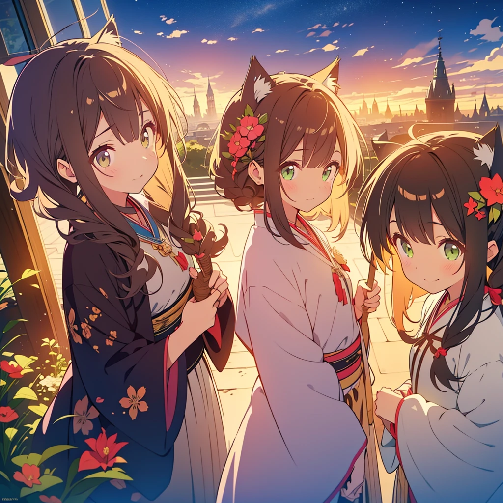 kawaii, anime, Cute, hyper quality, highly detailed, 8k, Front facing, Clarity, brown long hair, green eyes, smile, whole body, Cat ear, amaryllis, Close your eyes and smile with your mouth open, fly in the sky, good sisters, Cat ears stick out from the witch's hat, witch's black robe, fantasy, fog effect, particles of light, Uplifting, magically floating in the air, bird's eye view, flower blooming hill, colorful amaryllis, Cityscape lit with lights, starry sky, clock tower, iris, You can see the cityscape in the distance, fly in the sky with a broom, western witch, medieval cityscape, cape, amaryllis flower, magic effect, wizard's robe, cat ears, My sister has golden eyes,