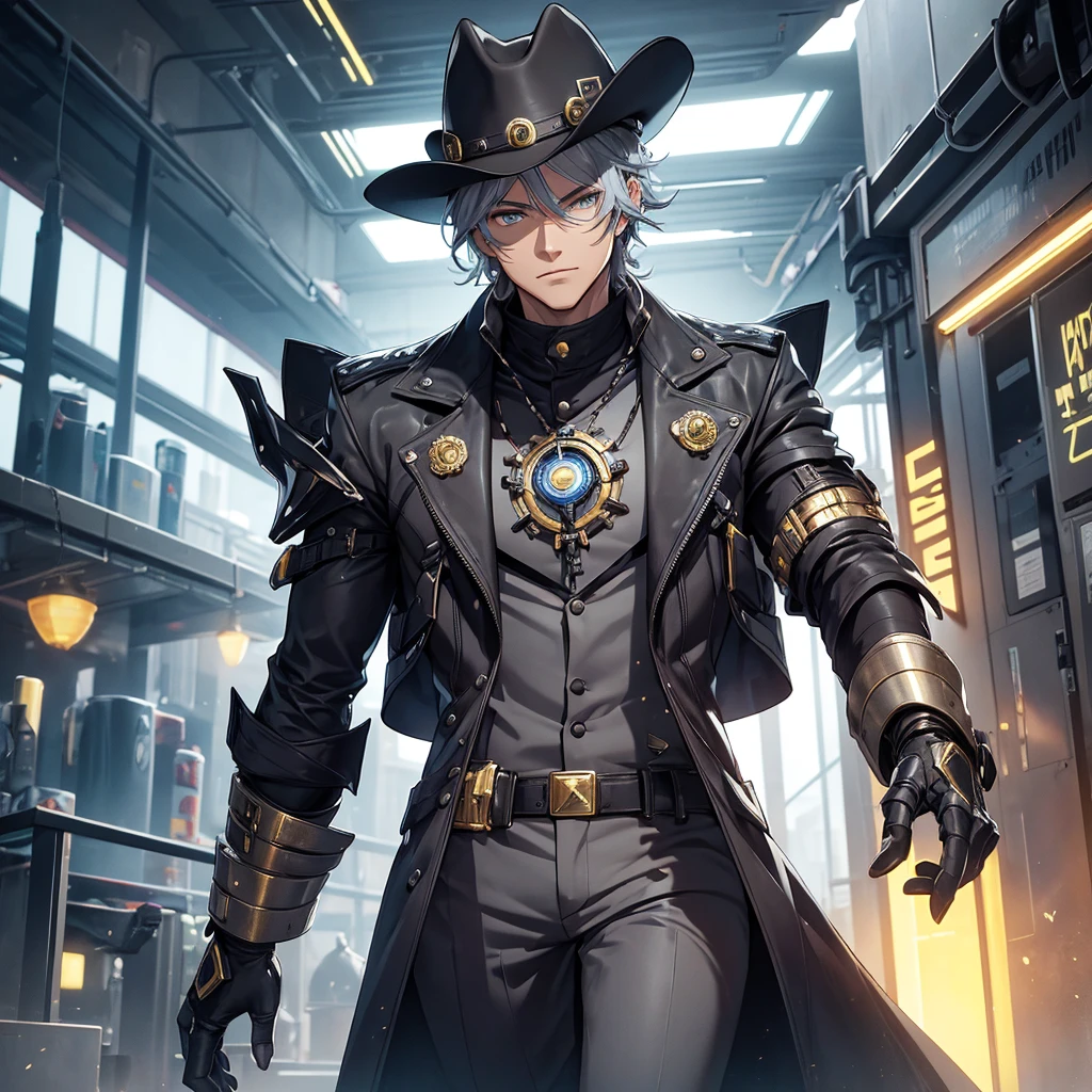 make a futuristic male character who has a cowboy hat, mechanical right arm, gold eyes, must be in a futuristic canary, and dark gray hair. he must be strong and have an overcoat