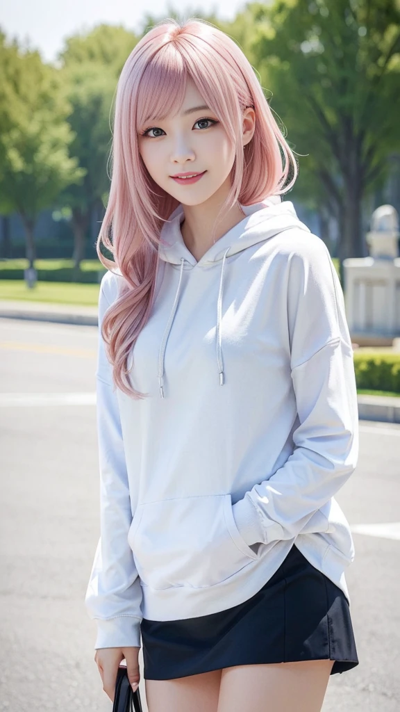 A woman with pink hair and a white hoodie, mini skirt、Anime realism style, Unreal 5. RPG Portrait, cgsociety portrait, Realistic art style, Smooth anime CG art, Photorealistic Anime Girl Rendering, Realistic anime 3D style, Loss Draw 1. 0, Realistic 3D animation, ArtJam ; 3d unreal engine, Realistic anime art style，The background is a park，Talking with the best smile、