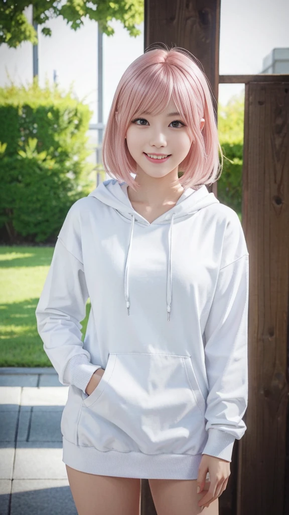 A woman with pink hair and a white hoodie, mini skirt、Anime realism style, Unreal 5. RPG Portrait, cgsociety portrait, Realistic art style, Smooth anime CG art, Photorealistic Anime Girl Rendering, Realistic anime 3D style, Loss Draw 1. 0, Realistic 3D animation, ArtJam ; 3d unreal engine, Realistic anime art style,The background is a park,Talking with the best smile、