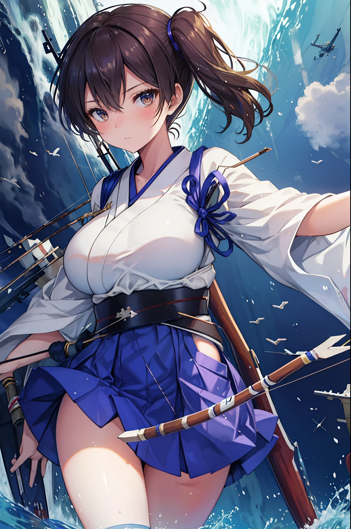 Kaga(Fleet Collection),highest quality, masterpiece, High resolution,kimono,blue skirt,side ponytail,big_breasts,solo,Japanese_bow&arrow,dynamic_posing,half_eyes,solo,plump,