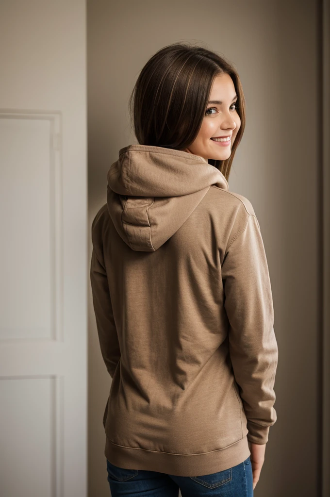 photo of a beautiful girl wearing casual shirt with a hoodie and, brown hair with light highlights, in a room, naked, slim body, view from back, medium upper body shot, looking at the camera, cute smile, shallow depth of field