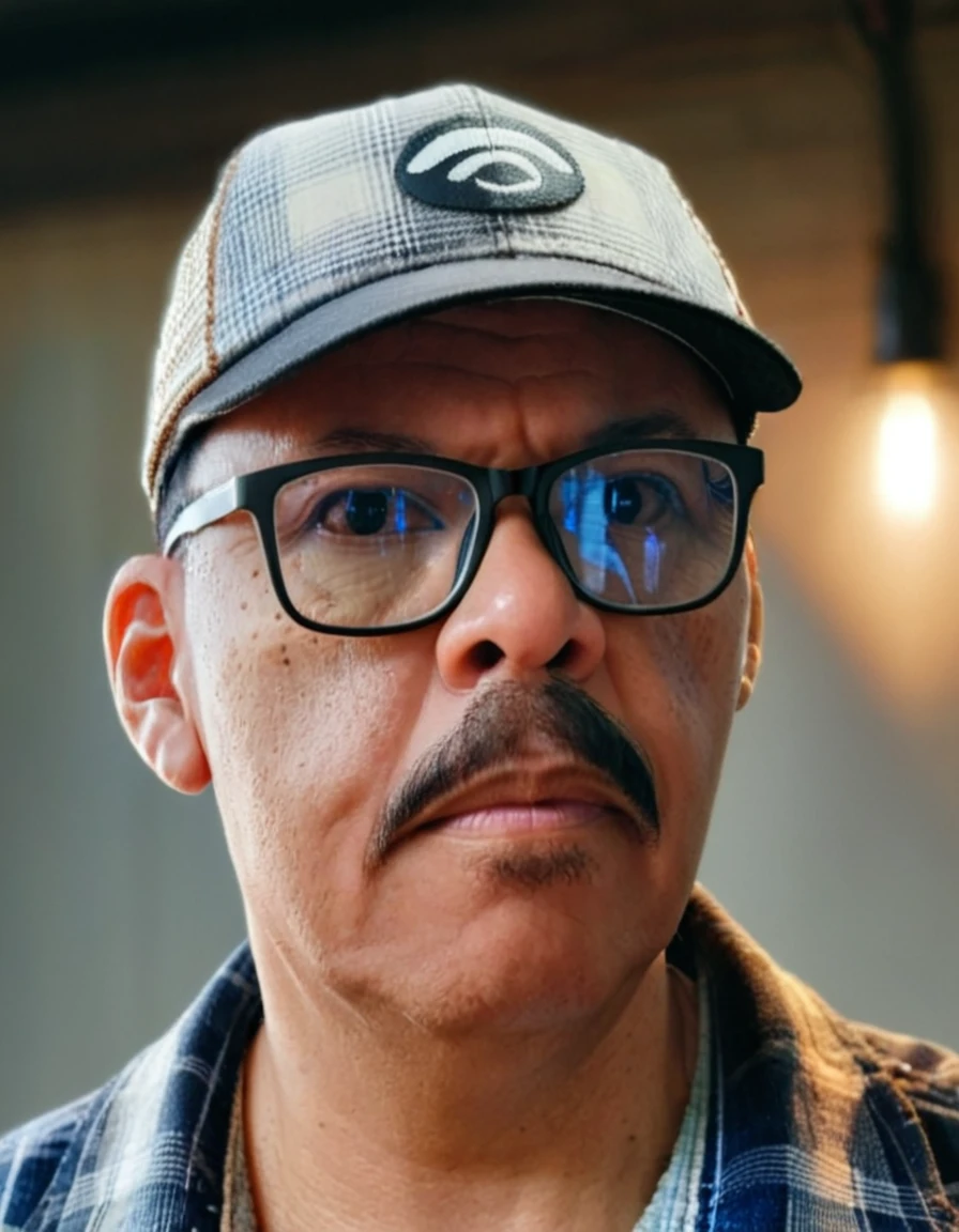 "RAW portrait up to the shoulders of a man wearing glasses, with a mustache, black eyes, and short black hair cut in a fade style. He is dressed in a plaid shirt  and a trucker cap. The background is bokeh with Rembrandt lighting."