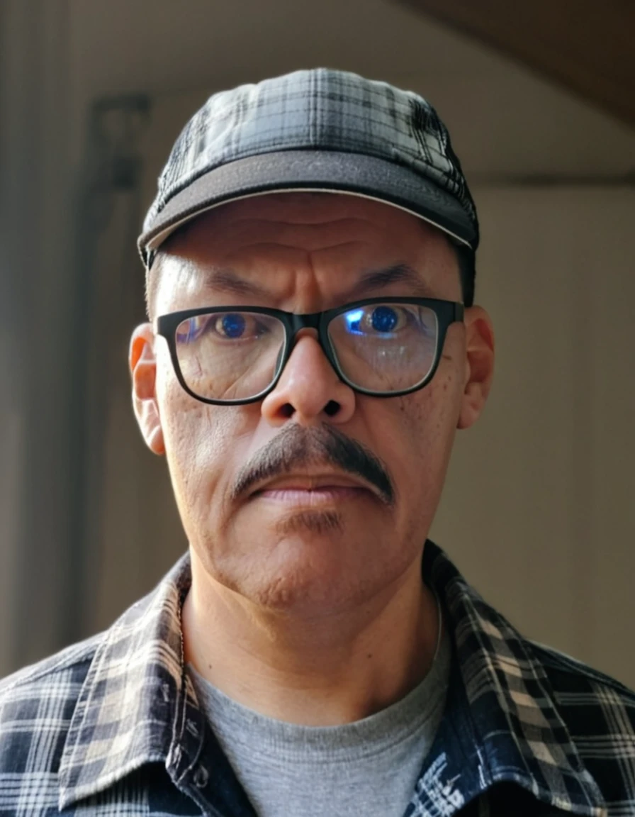 "RAW portrait up to the shoulders of a man wearing glasses, with a mustache, black eyes, and short black hair cut in a fade style. He is dressed in a plaid shirt and a trucker cap. The background is bokeh with Rembrandt lighting."