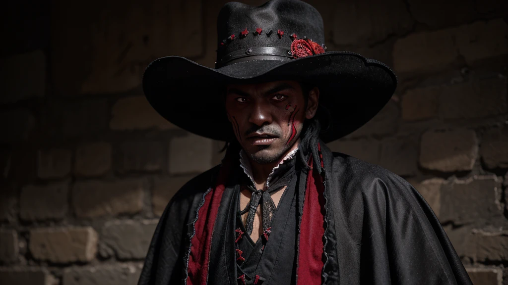 A Mexican vampire with a traditional and scary look. has pale skin, glowing red eyes and sharp fangs. Their clothing combines traditional Mexican elements, like a black charro hat and a dark serape, with gothic details. He&#39;s standing in the moonlight, in an old Mexican cemetery surrounded by tombs and crosses decorated with marigold flowers. The atmosphere is dark and mysterious, with dense fog and bats flying around. In the background, you can see an old church in ruins, with long shadows and a gloomy atmosphere. The vampire has an expression of hunger and thirst for blood, with its claws extended, ready to attack.