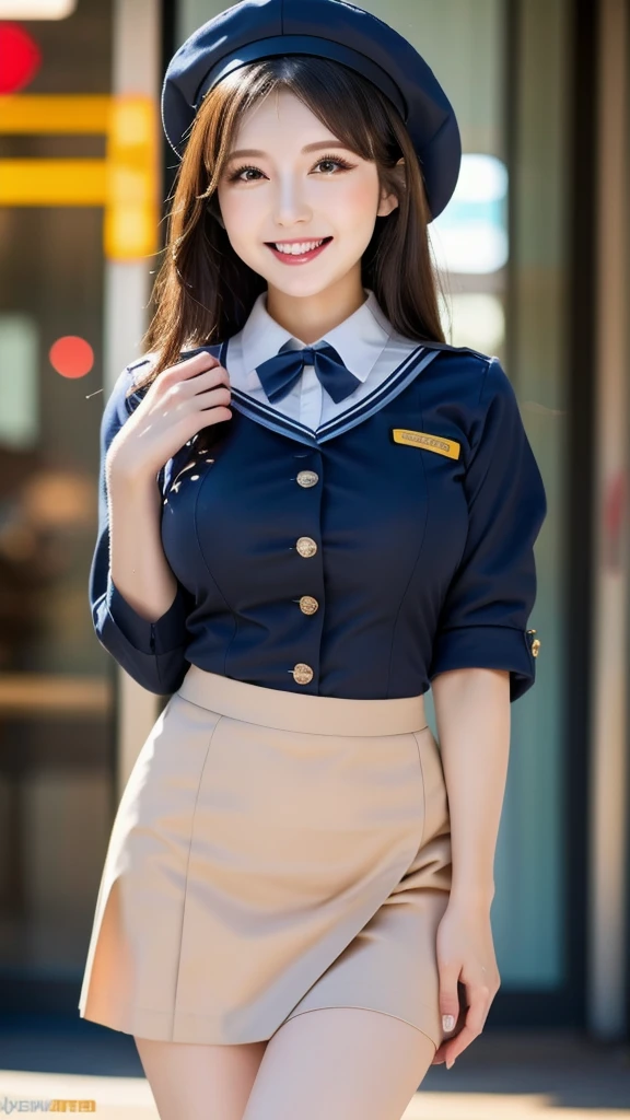 Masterpiece, top quality, very detailed, good anatomy, perfect anatomy, long hair, big breasts, promising smile, dark hair, beautiful face, blush, beautiful eyes, 22 years old, mature, perfect hands , perfect fingers, blush, Japanese stewardess black uniform, black pencik mini
Skirt uniform, hat,