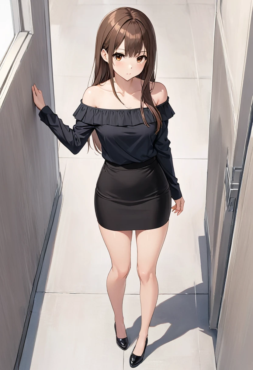 White miniskirt , black shoes , black off shoulder , pencil skirt , whole body , thighs , brown hair , brown eyes , straight hair , long sleeves , bare legs , View from above , standing posture