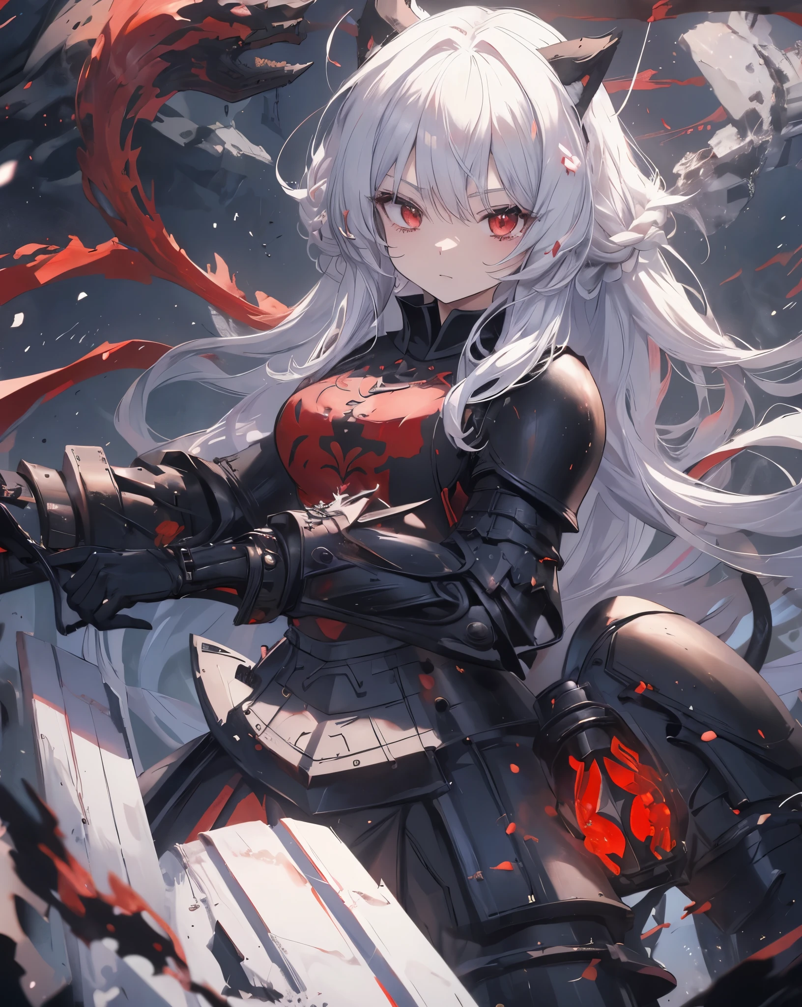 masterpiece, 1catgirl, cat ears, ((White long hair)) , Red eyes, intricate ((Black armour)) , she is a dragon slayer. She won the fight. Damaged ((black and Red shirt)) over the armour. Portrait. Medium breast. Super detailed. Perfect anime Red eyes