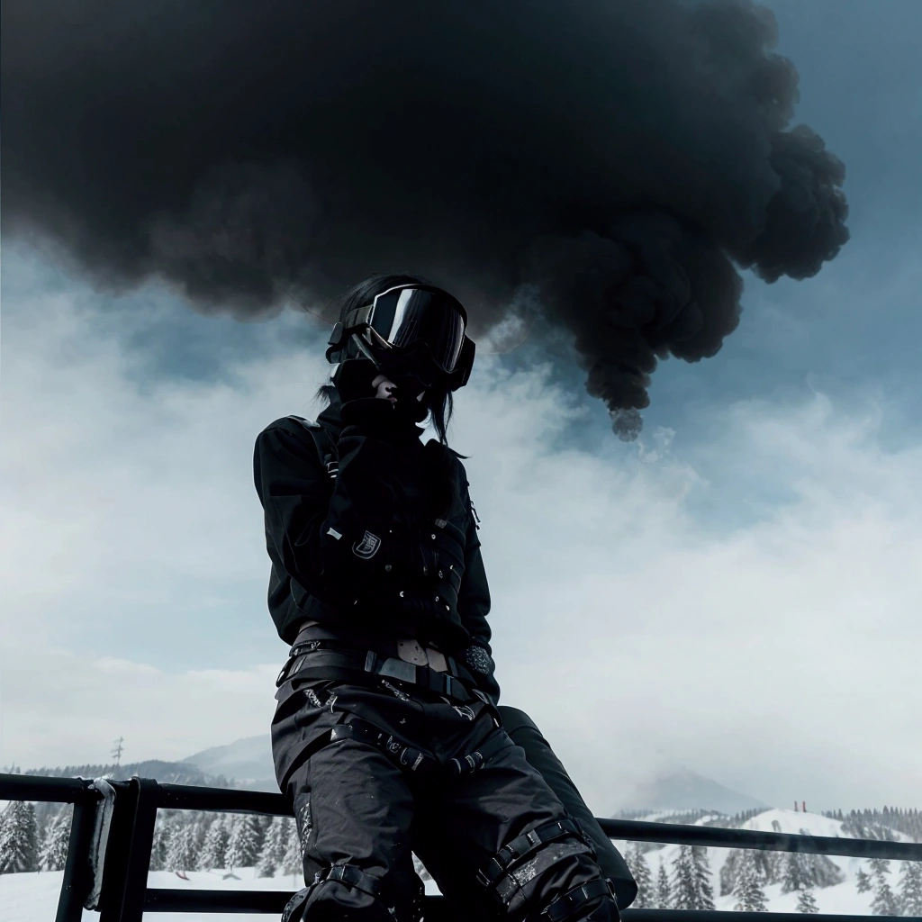 a skier sits on the railing with a snowboard in his hand and smoke billows in the background, in front of the smoke behind, in front of dark smoke, Travis Scott, darkwave gothic aesthetics, I look at the sky, Cyberpunk-streetwear, photo of a woman in techwear style, The Virtual Self, HQ 4K Phone Wallpaper, in clouds of smoke, epic 3d abstract emo girl, with smoke
