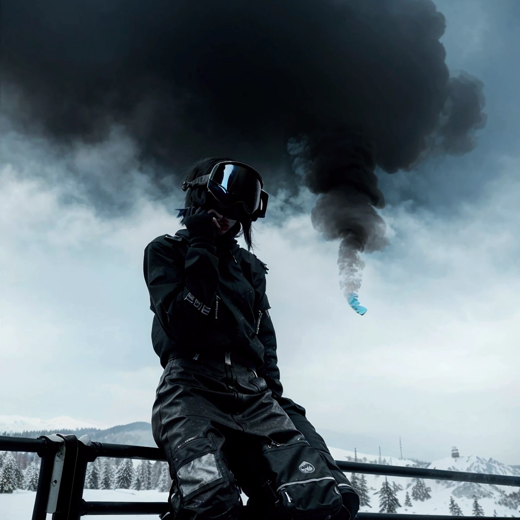 a skier sits on the railing with a snowboard in his hand and smoke billows in the background, in front of the smoke behind, in front of dark smoke, Travis Scott, darkwave gothic aesthetics, I look at the sky, Cyberpunk-streetwear, photo of a woman in techwear style, The Virtual Self, HQ 4K Phone Wallpaper, in clouds of smoke, epic 3d abstract emo girl, with smoke