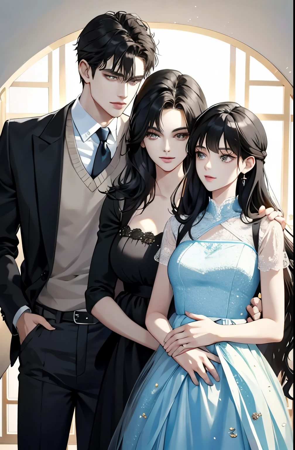 family, royal, elegant, good looking, kids, detailed, 4k, mom and dad, detailed eyes, pretty hair, handsome man, gorgeous woman, fine mom, hot dad, hot parents, mom with black hair, mom pregnant, man looking at woman with love, man hugging woman