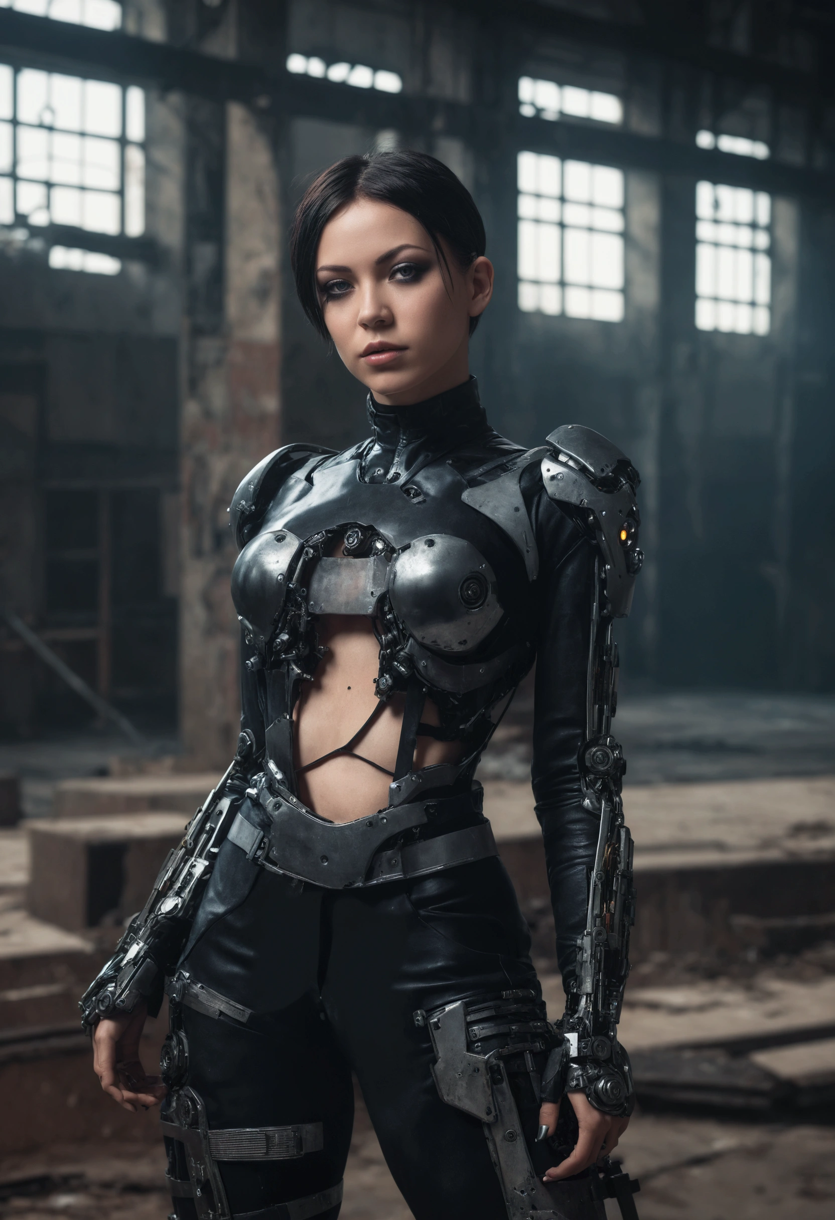 cyborg woman posing for a photo in the inside of an abandoned factory, cyberpunk aesthetic, cyborg woman, dark techno aesthetic, industrial goth aesthetic, intern of an abandoned factory in the background, ultra detailed, photorealistic, masterpiece.