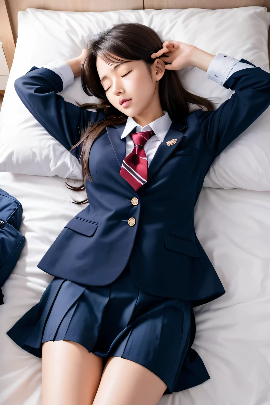 (masterpiece:1.2), super high quality, japanese girl, (super realistic), (super photographic style), 1girl, at noon, fine day, straight hair, (18 years old), large tits, (((school uniform))), lying on her back on a bed, head on the pillows, view from sky above, ((closed eyes)), ((legs spread)), 