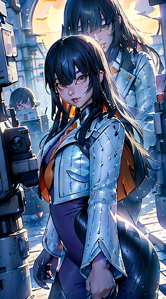 ((highest quality、masterpiece、shining eyes、detailed))、1 cute girl、beautiful face、pop background、beautiful anime、1girl、young girl、 solo、long hair、cute bangs、 、elegant、 looking at viewer、standing、Isometric light、、4k、city、beautiful trees、dawn sky、purple color、beautiful clouds