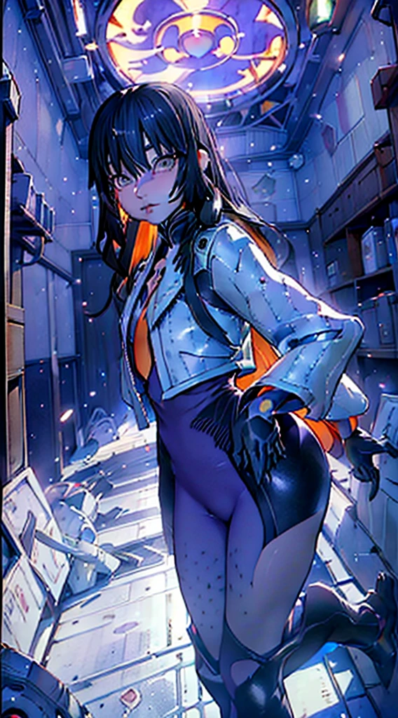 ((highest quality、masterpiece、shining eyes、detailed))、1 cute girl、beautiful face、pop background、beautiful anime、1girl、young girl、 solo、long hair、cute bangs、 、elegant、 looking at viewer、standing、Isometric light、、4k、city、beautiful trees、dawn sky、purple color、beautiful clouds